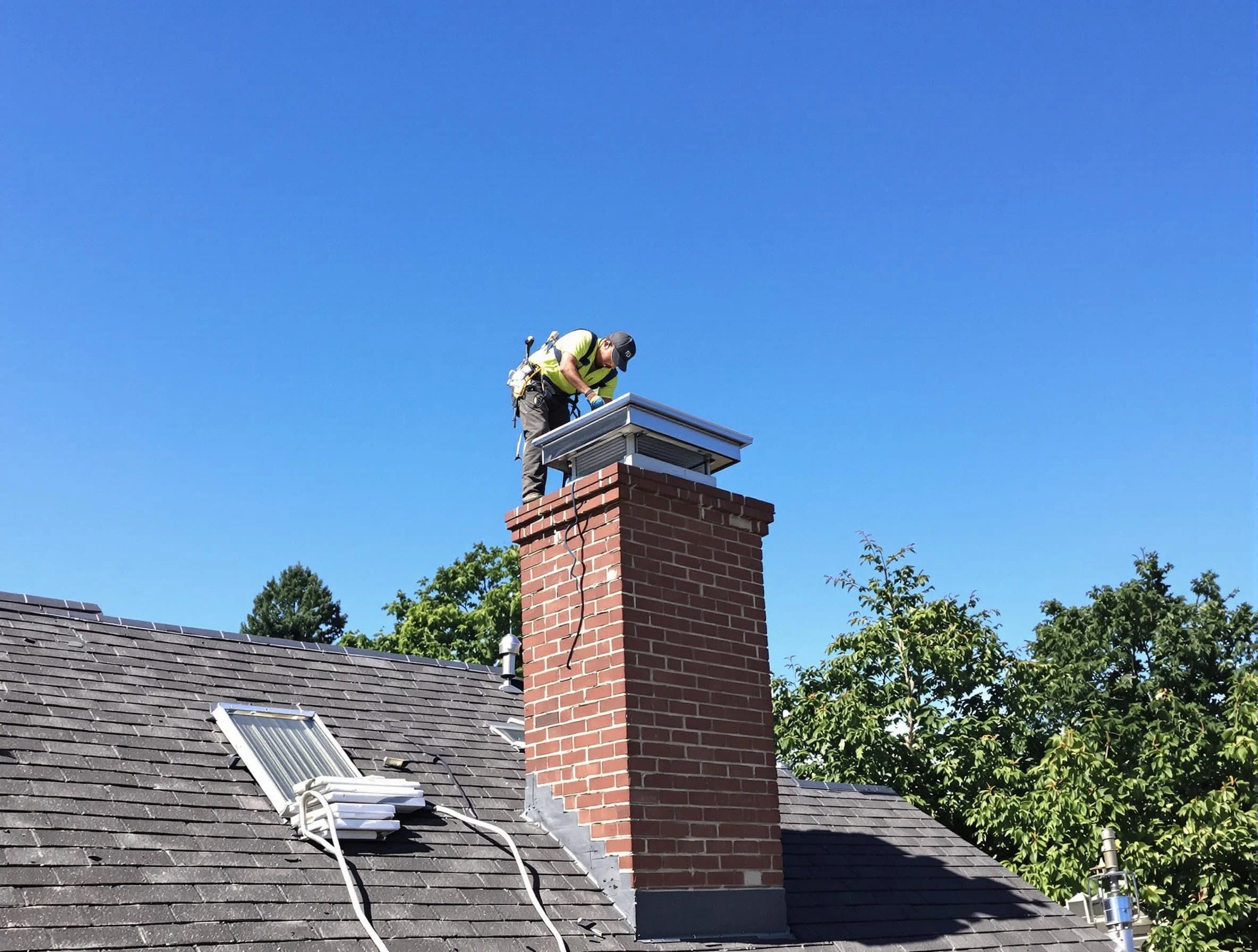 Economy Chimney Sweep technician measuring a chimney cap in Economy, PA